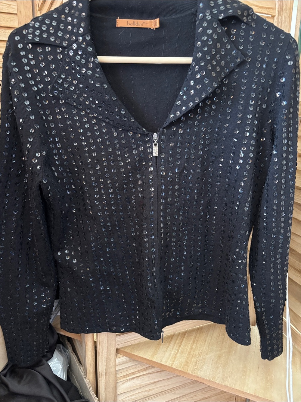 Belldini Black Sequin Zip-Up Blazer Large